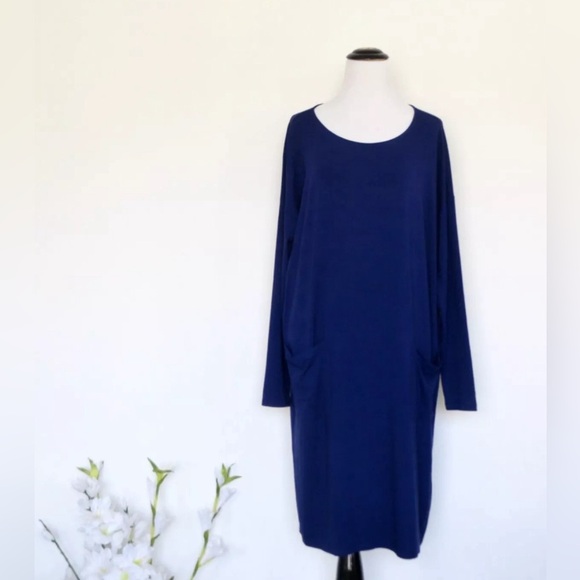 NEW! Eileen Fisher Tunic Shift Dress Pockets Stretchy Deep Purple SZ S - Picture 1 of 6